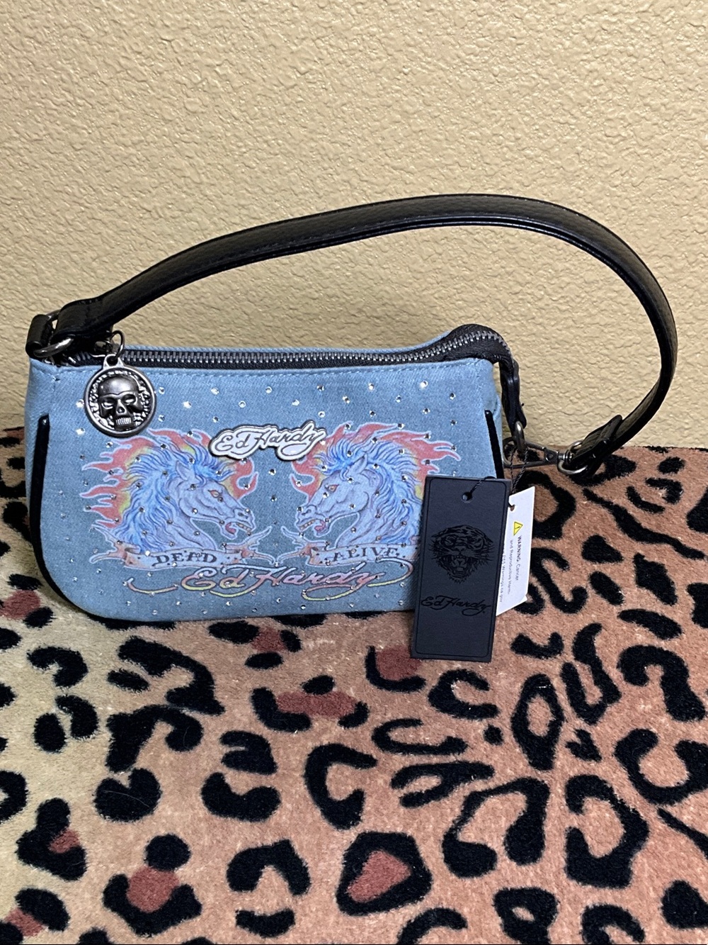 Ed Hardy Light Blue Graphic Mini Shoulder Bag w/  Studs